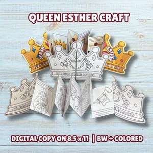 May include: A Queen Esther craft kit featuring paper crowns and an accordion-style booklet with black and white illustrations and colored graphics. The text reads Queen Esther For Such A Time As This. Digital copy on 8.5 x 11 inch paper.