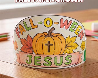Christian Fall Paper Crown Kids Craft, Fall-O-Ween Jesus Printable, Sunday School Fall Season Coloring Activity,  Christian Halloween Lesson