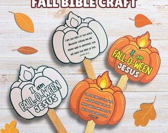 Manualidad de abanico de papel de Jesús de Halloween, versículo bíblico Juan 8:12 para colorear, manualidad de otoño para la escuela dominical, actividad imprimible para la educación cristiana en casa.