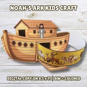Può includere: Un lavoretto per bambini sull'arca di Noè con una barca in legno, un personaggio con un bastone e una striscia gialla con vari animali. Il testo recita NOAH'S ARK KIDS CRAFT e DIGITAL COPY ON 8.5 x 11 | BW + COLORED.