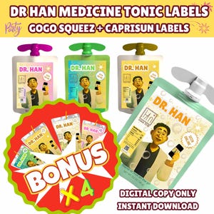 Etiquetas para el tónico Dr. Han GoGoSqueez + CapriSun de Demon Hunters de KPop, bolsita de jugo tónico Rumi Medicine, empaque para cosplay, recuerdos de fiesta de anime K-pop