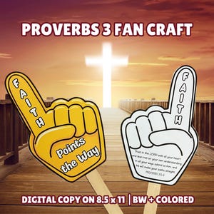 Puede incluir: Dos manualidades de dedos de espuma con el texto FAITH y Points the Way. Uno es amarillo y el otro es blanco con contornos negros. La versión blanca incluye el texto de Proverbios 3:5-6. El archivo digital es para papel de 21,59 x 27,94 cm.
