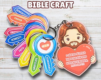 My Heavenly Keychain Craft for Kids, Christian Bible Printable, Virtues Keyring Activity, Preschool Church Craft, Sunday School, VBS Lesson