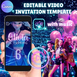 Op de afbeelding: Een smartphone toont een geanimeerde verjaardags uitnodigingssjabloon met de naam "Olivia" en het nummer "6". De afbeelding bevat een afspeelknop, de tekst "Bewerkbare video-uitnodigingssjabloon" en geanimeerde personages met microfoons, tegen een blauwe achtergrond.