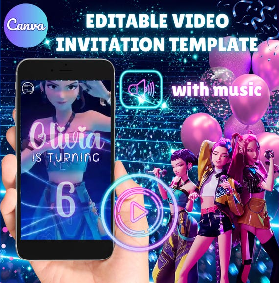 KPop Demon Hunters Birthday Party Video Invitation Canva Editable Template, Personalized Digital Mobile Invite, Animated Birthday Invitation