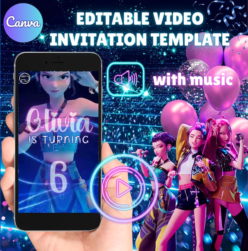 May include: A smartphone displays an animated birthday invitation template with the name "Olivia" and the number "6". The image features a play button, text "Editable Video Invitation Template", and animated characters with microphones, set against a blue background.