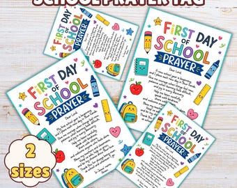 Tarjeta de oración para el primer día de clases, etiquetas para mochilas cristianas de regreso a clases, bendición para el aula, niños que comienzan la escuela, folleto descargable de la iglesia
