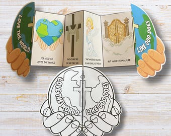 Religious Earth Day Accordion Craft, John 3:16 Bible Verse Folding Craft Printable for Kids, Sunday School Lesson, Christian Homeschool