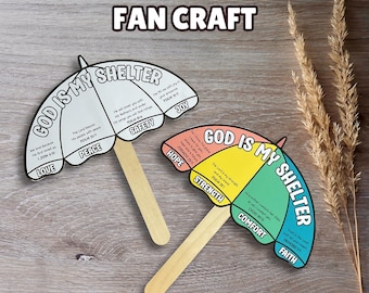 God is My Shelter Umbrella Fan Craft for Kids, Bible Verse Printable, Easy Sunday School DYI, Summer Bible Coloring Activity, VBS Kids Craft