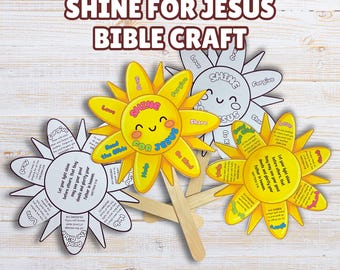 Shine for Jesus Paper Fan Craft, Let Your Light Shine Bible Activity Kids, Jesus Bible Lesson, Christian Character Education, VBS Printable