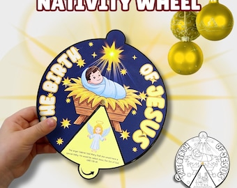 Nativity Coloring Spinner Craft, The Birth of Jesus Bible Wheel, Kids Advent Lesson Printable, Advent Sunday School Activity, Quiet Church