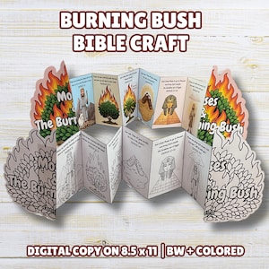 May include: A paper accordion-fold craft depicting the story of Moses and the Burning Bush. The set includes two versions: one in full colour and one in black and white for colouring. Each panel features illustrations and text from Exodus 3:1-12.