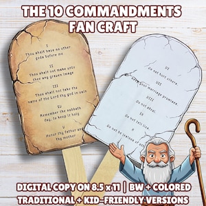 Peut inclure: Deux éventails artisanaux avec les Dix Commandements imprimés. L'un est beige avec les cinq premiers commandements, l'autre est blanc avec les cinq derniers. Une caricature de Moïse tenant un bâton est dans l'image. Le texte en bas dit "DIGITAL COPY ON 8.5 x 11 | BW + COLORED TRADITIONAL + KID-FRIENDLY VERSIONS."