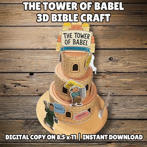 May include: A three-tiered 3D paper craft model of the Tower of Babel with a brick pattern. The top sign reads THE TOWER OF BABEL GENESIS 11:1-9. It features cartoon figures with speech bubbles saying Hello, iHola, and namaste in Hindi script.