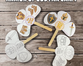Manualidad de abanico de papel con la armadura de Dios, versículo bíblico para colorear Efesios 6:11, actividad imprimible para la educación cristiana en el hogar, abanico de paleta para la iglesia, lección de la Escuela Bíblica de Vacaciones.