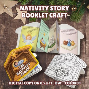 Puede incluir: Un kit de manualidades de un folleto sobre la historia de la Natividad que incluye una versión a color y una en blanco y negro para colorear. Los folletos tienen forma de establo e incluyen ilustraciones del ángel, Jesús, ovejas y regalos.