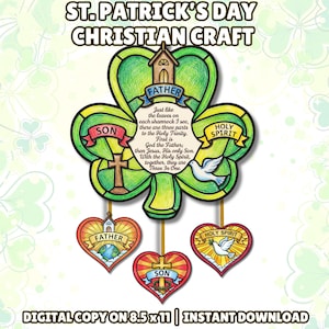 Puede incluir: Una manualidad cristiana del Día de San Patricio con un diseño de trébol verde con las palabras "Padre", "Hijo" y "Espíritu Santo". El trébol tiene una iglesia, una cruz y una paloma. El texto dice "Como las hojas de cada trébol, hay tres partes de la Santísima Trinidad."