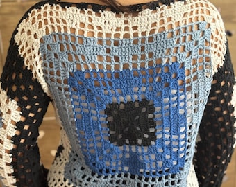 Navy Blue Boho Granny Square Sweater - Handcrafted Lace Top