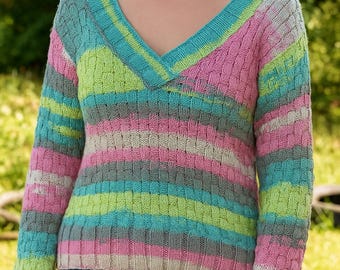 Boho Colorful Striped Sweater: Handcrafted Crochet Long Sleeve Sweater
