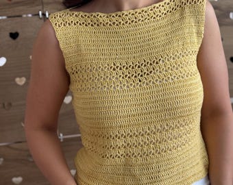 Blusa de crochet amarilla hecha a mano: blusa bohemia de algodón sin mangas