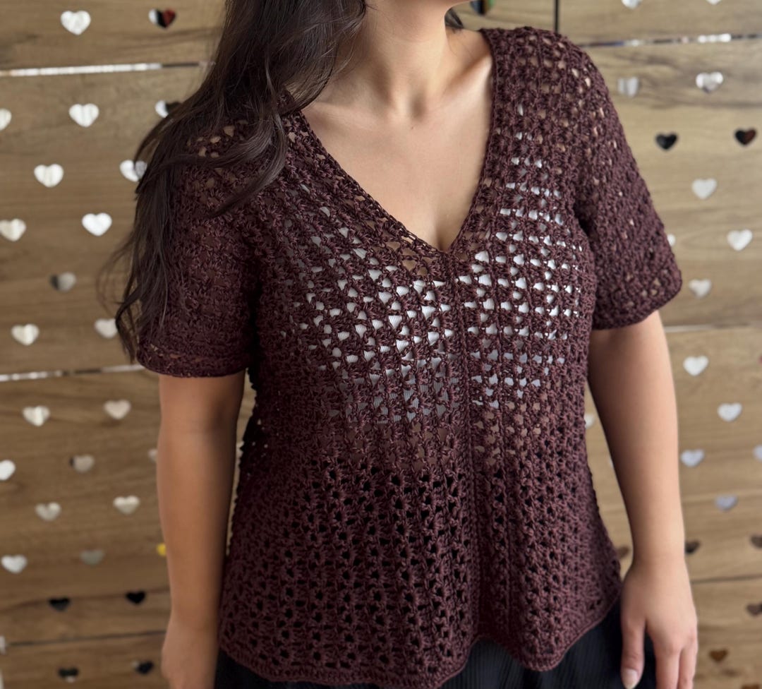 Handmade Brown Crochet Boho Top Lace Knit Festival Blouse, Short — free download