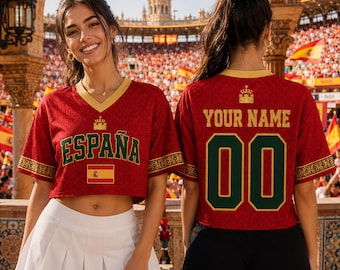 Custom Spain Soccer Crop Top Jersey, Personalized Name Number Shirt, Spain Football Fan Gift for Women