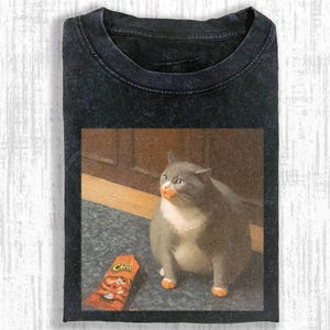 May include: Dark gray t-shirt featuring a painting of a gray cat with orange accents and a bag of Cheetos. The cat has a surprised expression. The shirt has a crew neck and a slightly faded appearance.