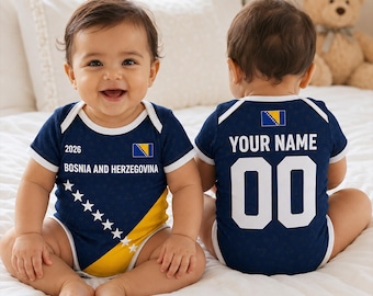 Personalisierter Bosnien-Baby-Bodysuit, benutzerdefinierter Name Fußball-Baby-Outfit, Bosnien-Fußballfan-Geschenk, Neugeborenen Sport Jersey Onesie