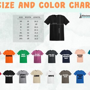 May include: A size and color chart for t-shirts. The chart includes a black t-shirt with measurements and a color palette featuring heather mauve, orange, Irish green, heather raspberry, dark grey heather, heather midnight navy, heather peach, and heather deep teal.