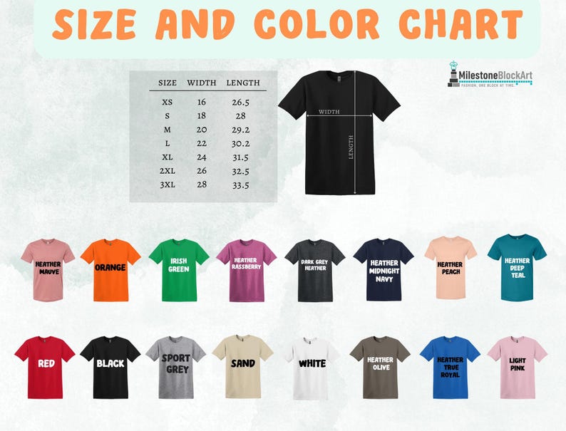 May include: A size and color chart for t-shirts. The chart includes a black t-shirt with measurements and a color palette featuring heather mauve, orange, Irish green, heather raspberry, dark grey heather, heather midnight navy, heather peach, and heather deep teal.