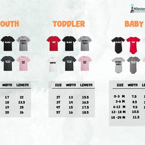 May include: A product image showcasing a variety of t-shirts and baby onesies in different colors, including red, black, and gray. Size charts for youth, toddler, and baby sizes are also displayed, with measurements in inches.