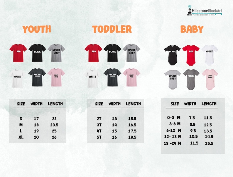 May include: A product image showcasing a variety of t-shirts and baby onesies in different colors, including red, black, and gray. Size charts for youth, toddler, and baby sizes are also displayed, with measurements in inches.