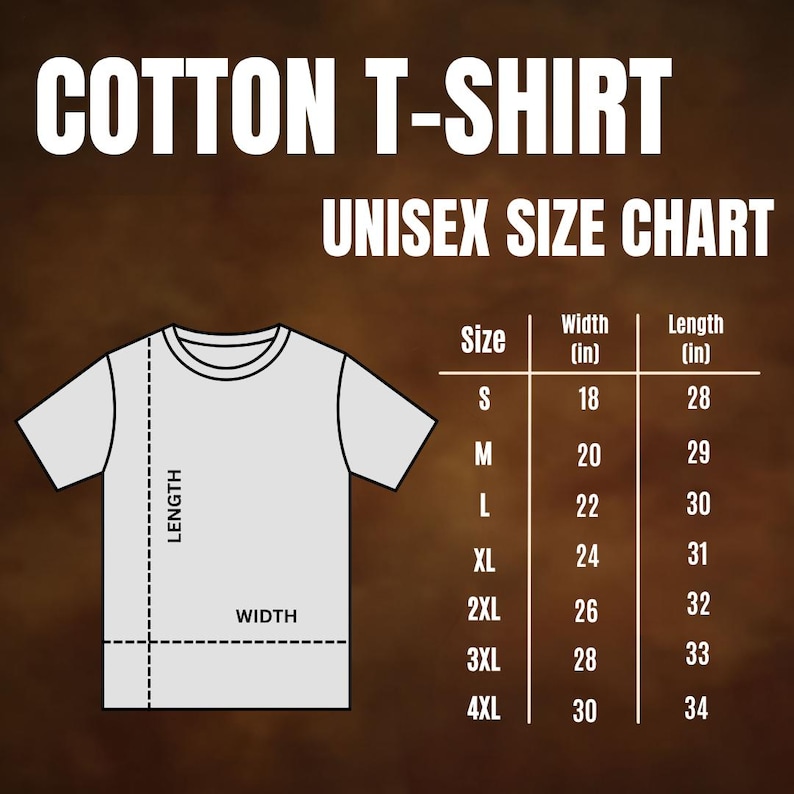 Peut inclure: Graphique d'un t-shirt en coton blanc avec un tableau des tailles. Le tableau affiche les tailles unisexes S &agrave; 4XL, avec des mesures de largeur et de longueur en pouces. Le texte "COTTON T-SHIRT" et "UNISEX SIZE CHART" est affich&eacute; en haut.