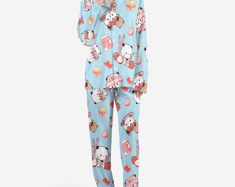 May include: Light blue pajama set with a repeating pattern of cartoon pandas, strawberries, and milk cartons. The long-sleeved top has a collared neckline and button closure. The pants are full-length, creating a matching sleepwear ensemble.