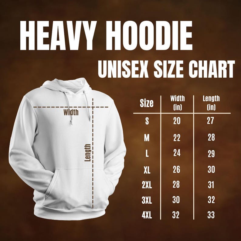 May include: White heavy hoodie with a front pocket, drawstring hood, and size chart. The chart shows measurements in inches for sizes S to 4XL. Text on the image reads "HEAVY HOODIE" and "UNISEX SIZE CHART."
