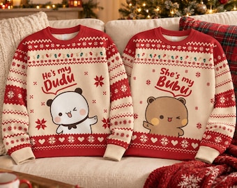 Bubu Dudu Matching Couple Christmas Sweater, He's My Dudu She's My Bubu Ugly Sweater, Panda Bear Print Xmas Holiday Gift for Couples