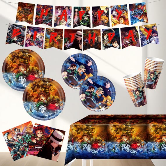 Demon Slayer Party Decoration Set: Banner, Plates, Cups, Balloons, Tablecloths, Background Cloth