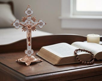 Ornate Standing Crucifix Cross Display  Rose Gold Tone Religious Decor Gift  Elegant Christian Tabletop Devotional Piece
