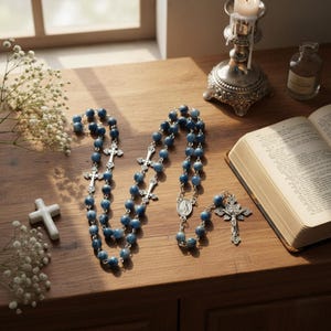 Peut inclure: Plusieurs chapelets avec des perles bleues et des croix argentées sont présentés sur une surface en bois. Une petite croix blanche et un livre ouvert sont également présents. Une bougie allumée dans un bougeoir décoratif et une petite bouteille sont en arrière-plan.