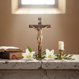 Peut inclure: Un crucifix en bois avec une figurine sculptée de Jésus-Christ, posé sur une surface en pierre. La scène comprend une bible, des lys blancs, une bougie allumée dans un bougeoir en laiton et une fenêtre en arrière-plan. La croix porte l'inscription "INRI".