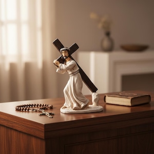 Peut inclure: Figurine religieuse représentant une figure portant une croix en bois. La figure porte une robe blanche et a une barbe. Un chapelet et un livre sont également sur la surface en bois.