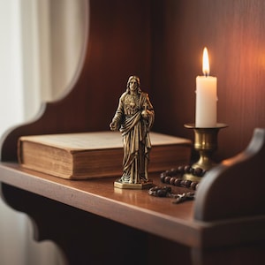 Peut inclure: Une statue en bronze de Jésus-Christ est posée sur une étagère en bois, tenant un globe et montrant un cœur. Une bougie blanche allumée dans un bougeoir en laiton, un livre fermé et un chapelet sont également sur l'étagère. La scène est chaleureusement éclairée.