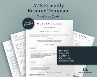 ATS 履歴書テンプレート Canva | モダンな履歴書デザインとカバーレターの参考資料 | 編集可能なプロフェッショナルな求人応募書類をすぐにダウンロード