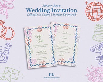 Wedding Invitation Canva Template, Editable Modern Retro Wedding Invite Printable, Botanical Modern Design Canva Minimal Chic Styles | MR01