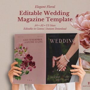 Könnte beinhalten: Ein offenes Hochzeitsmagazin-Template mit dem Text "Elegant Floral Editable Wedding Magazine Template". Das Magazin zeigt ein florales Design und die Worte "A Day to Remember, A Lifetime to Love" und "Wedding".