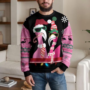 Hässlicher Weihnachtspullover mit rosa Flamingos, lustiges Flamingo-Weihnachts-Sweatshirt, rosa Weihnachtspullover, Geschenk für Flamingo-Fans, Weihnachts-Sweatshirt