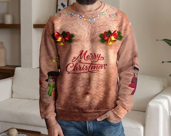 May include: A beige crewneck sweatshirt featuring a realistic hairy chest print, a string of colorful Christmas lights, two gold bells with red bows, and the red cursive text Merry Christmas. A snowman and a skull are printed on the sleeves.