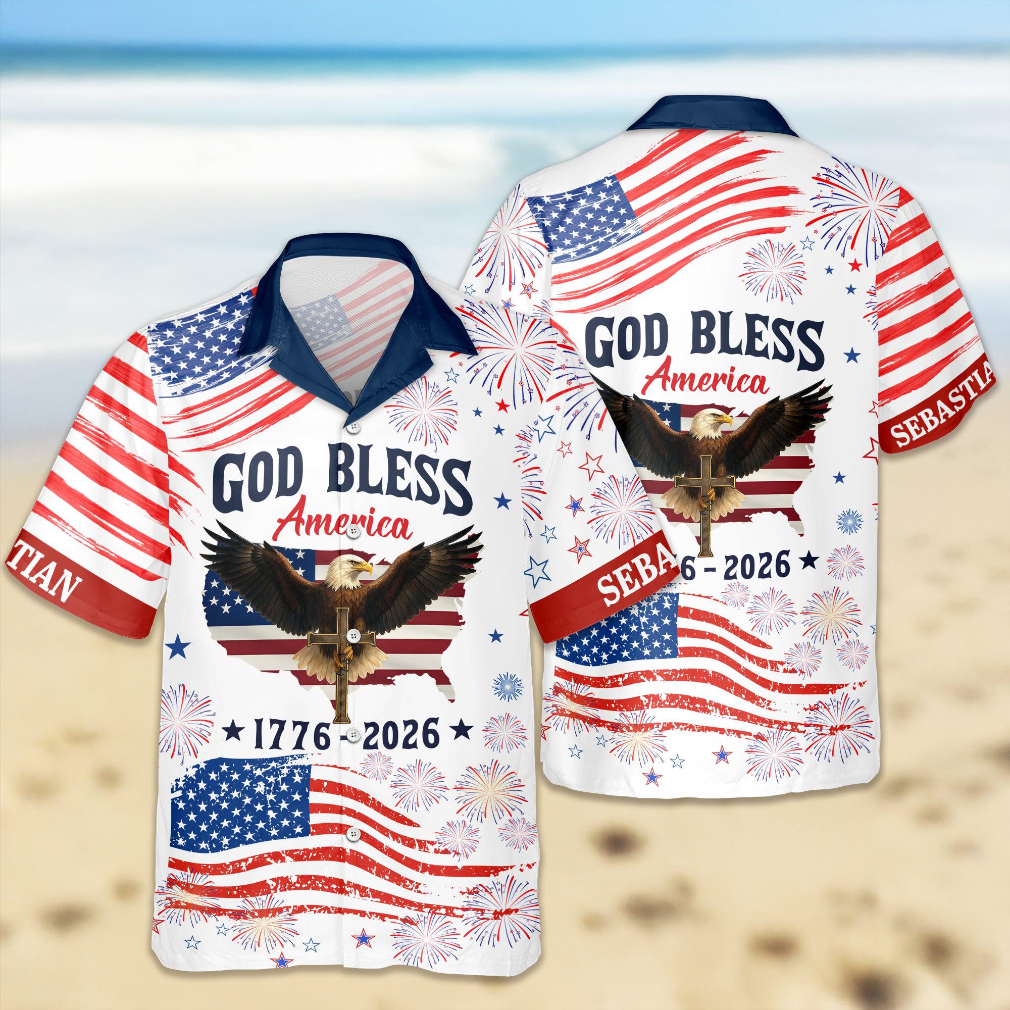 Discover Custom Name Patriotic 250th Anniversary God Bless America Eagle Hawaii Shirt, USA 250 Years Independence Apparel, Patriotic Freedom