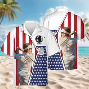 Custom Photo And Name Golf USA Flag Pattern Hawaii Shirt, USA 250Years Independence Apparel, Patriotic American Flag Pet Tee