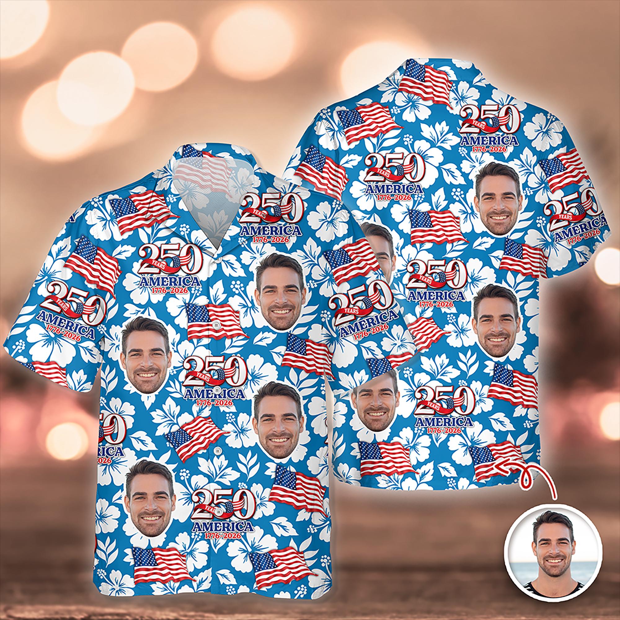 Discover Custom Photo 250th America Hawaii Shirt, USA 250Years Independence Apparel, Patriotic American Flag Pet Tee, 1776-2026 America Anniversary
